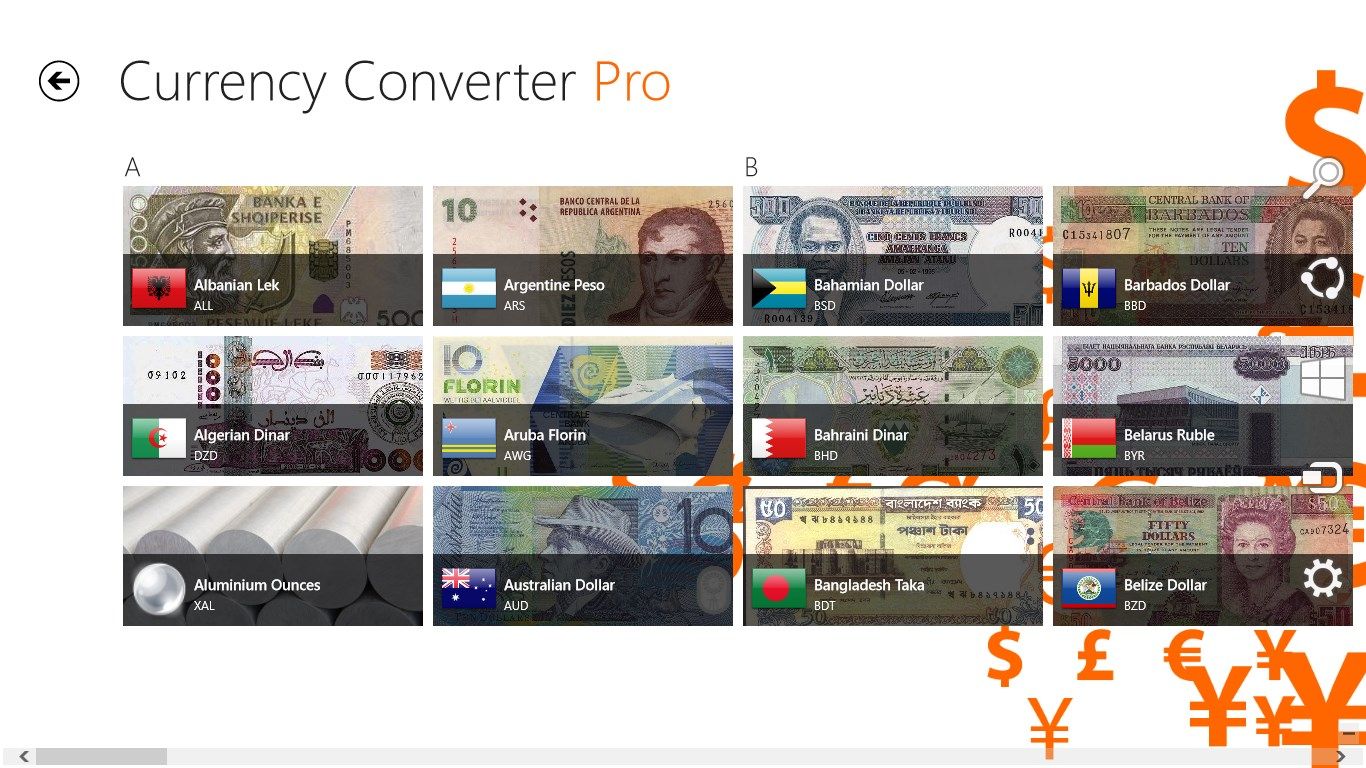 Convert between 147 of the worlds currencies and 6 precious metals.