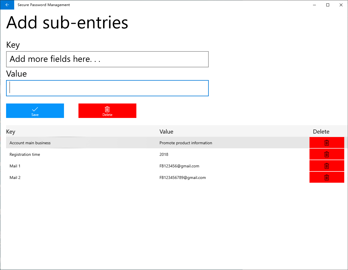 Add a sub-entry to the password to customize an unlimited number of sub-entries.