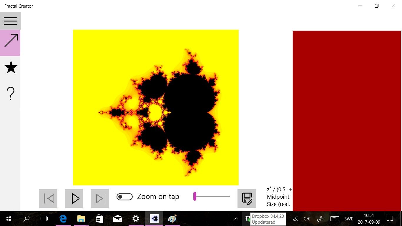 A Mandelbrot like fractal created from a third degree complex polynomial divided by a first degree complex polynomial. Zoom in functionality as well as Julia set creation is as easy as for the Mandelbrot set.