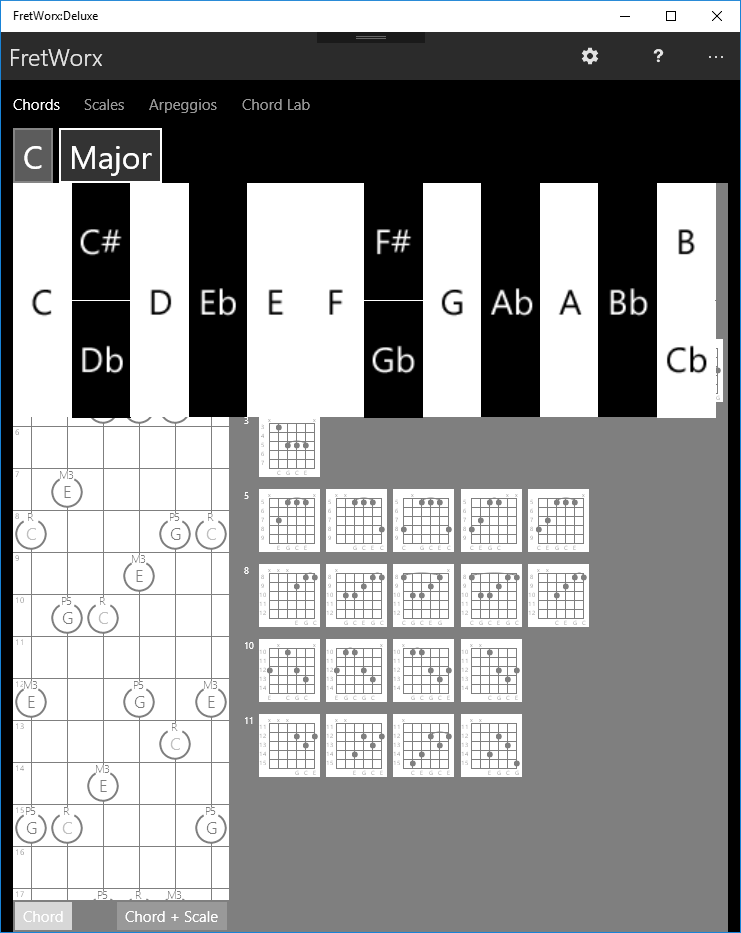 The diagram above shows the result of clicking the "Root" button, on the left of the screen. It is showing 'C' in the diagram.

The key selector is laid out like the notes on a piano keyboard. Click on any of the key buttons to select the desired root, which appears as the selected key. The black keys are divided in half to support sharps and flats.

When the chord root changes, the notes on the fretboard change to match the selected chord root.