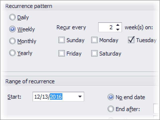 Set up very specific recurring appointments which can be daily, weekly, monthly, or yearly. You can even set up recurring appointments on a second Saturday of every month, for example.