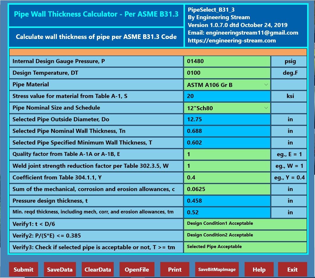 Pipe thickness Calculator per ASME B31.3