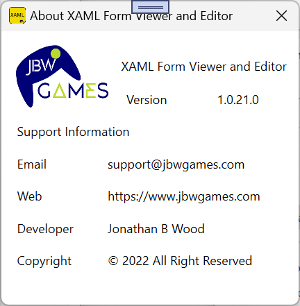XAML Form Viewer and Editor About Window with contact and support information.