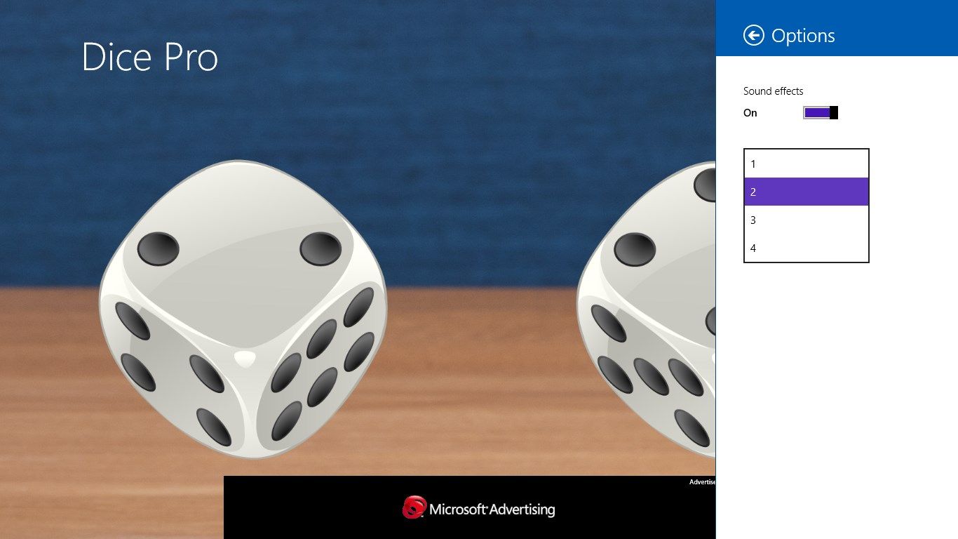 Dice Pro Options flyout allow you to choose how many dice to throw as well as turn sound effects on or off.