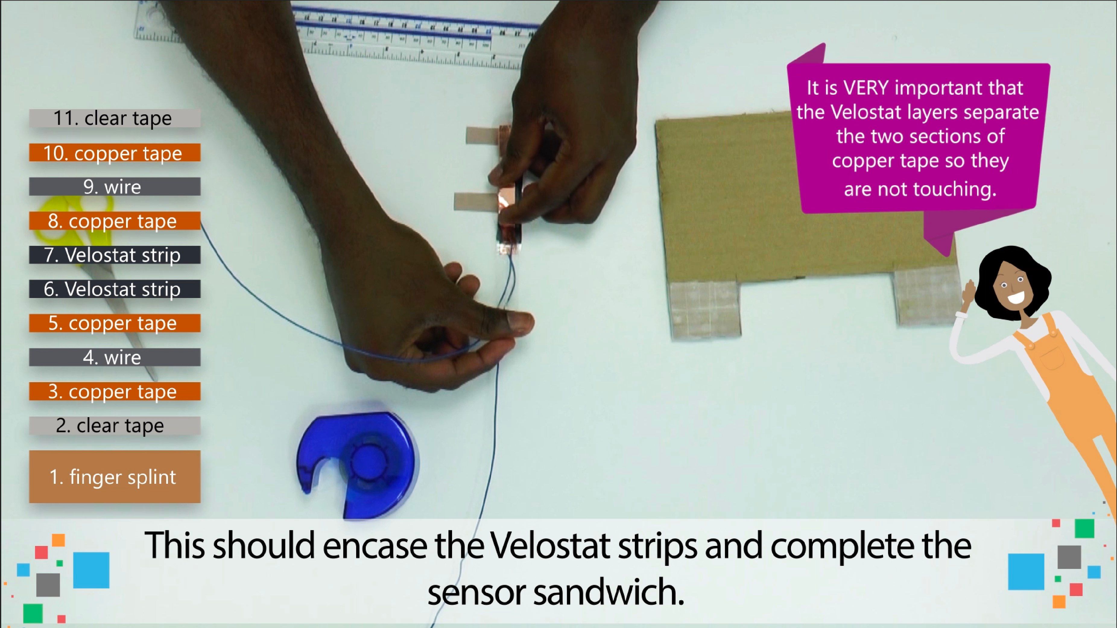 Making a sensor sandwich. Part 1 from Step 2. A screenshot from the step by step videos that are part of the Hacking Stem App, using the eMathMaster learning engine