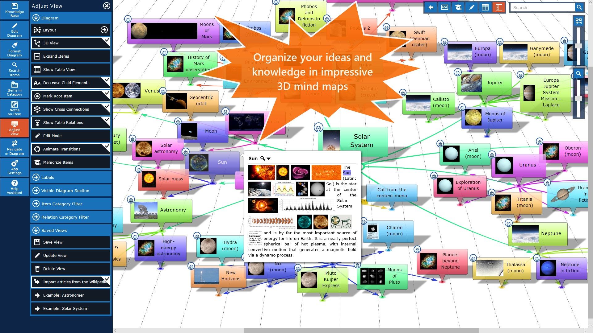 Organize your ideas and knowledge in impressive 3D mind maps