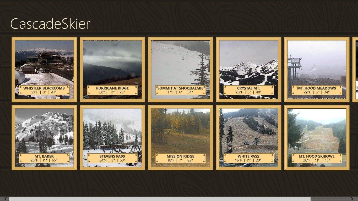 The overview page lets you quickly see webcams and weather from each resort. Click on an image to get more detail on the resort.