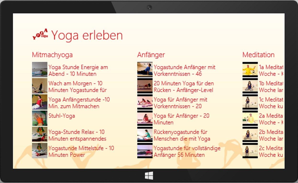Startseite der App die viele verschiedene Internet Quellen kategorisiert und einfach abrufbar für die eigene Yogapraxis macht.