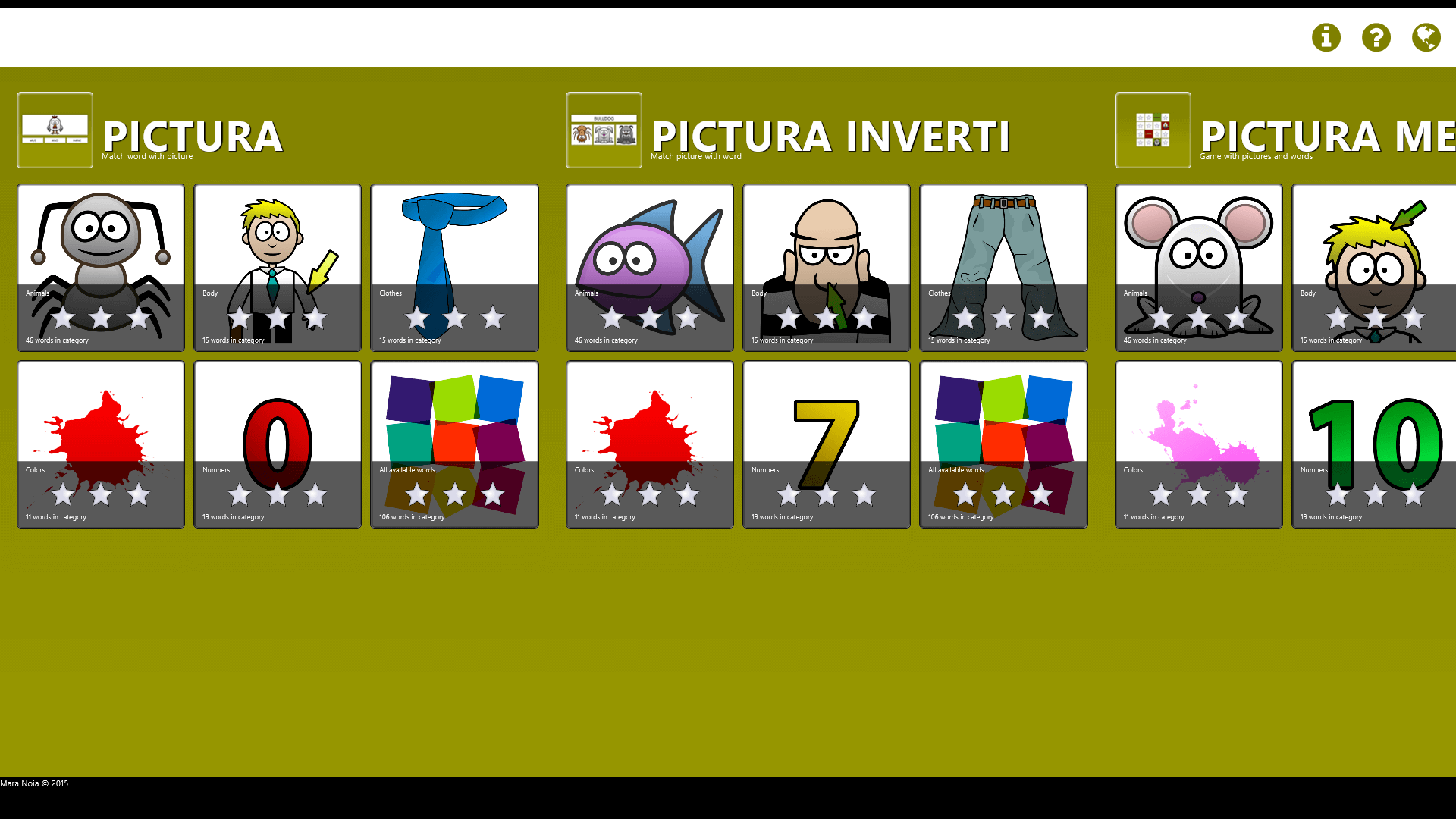 Choose between the four games "Pictura", "Pictura Inverti", "Pictura Memory" and "Pictura Spelling". In each of the four games, you can choose between the categories animals, body, clothing, colors, numbers or a mixture of the five .