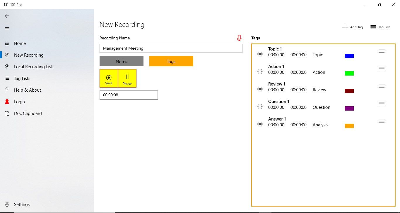 Create an agenda, make a sound recording and link agenda items to specific time periods in the recording.