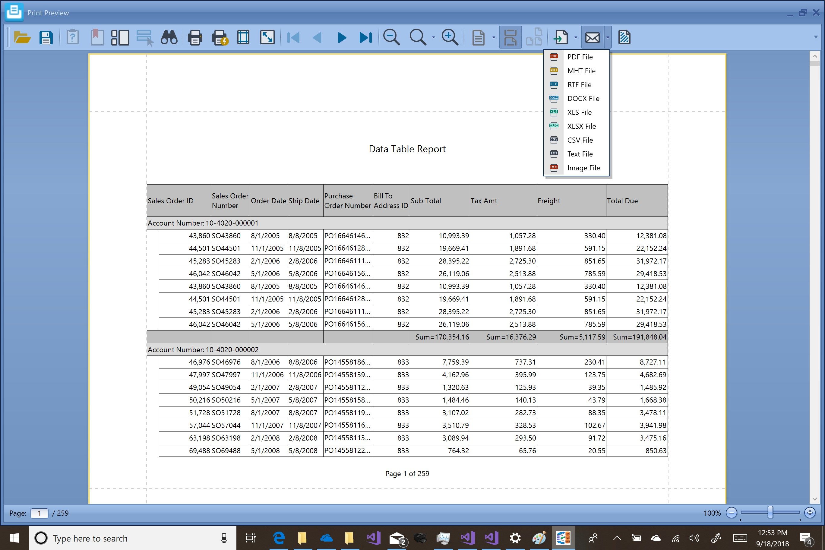 Data grid report can be printed and exported to several file formats.