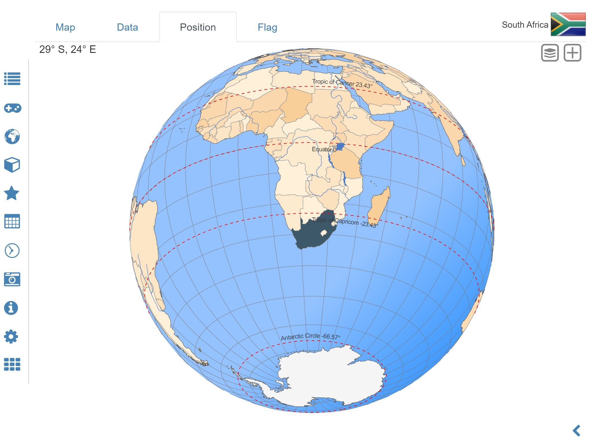 Learn where each country in the world is located. View its position highlighted on a digital globe