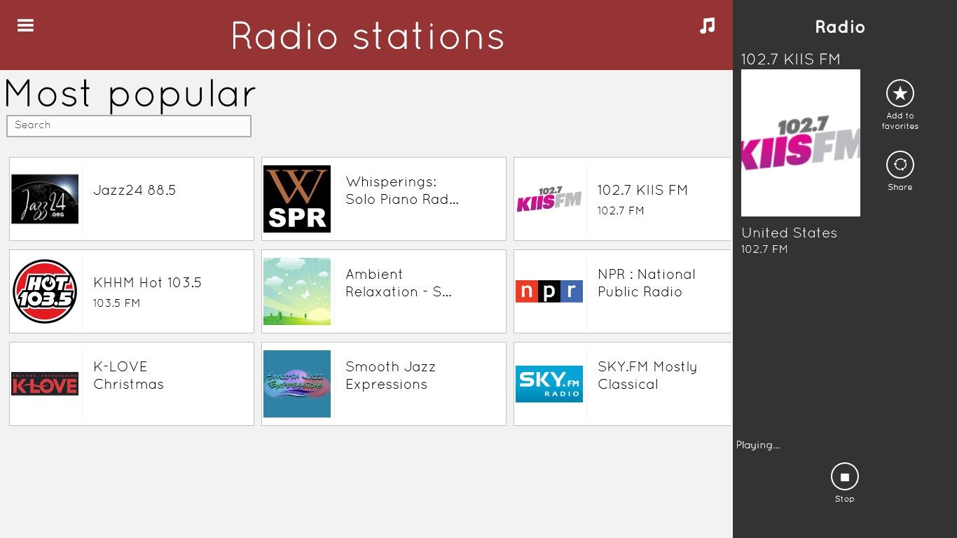 When you choose a station the player appears to let you know which station are you listening to. It also allows you add any station you would like to favorites and share what you’re listening to.