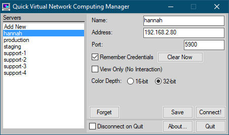 The Quick Virtual Network Computing Manager for storing known servers
