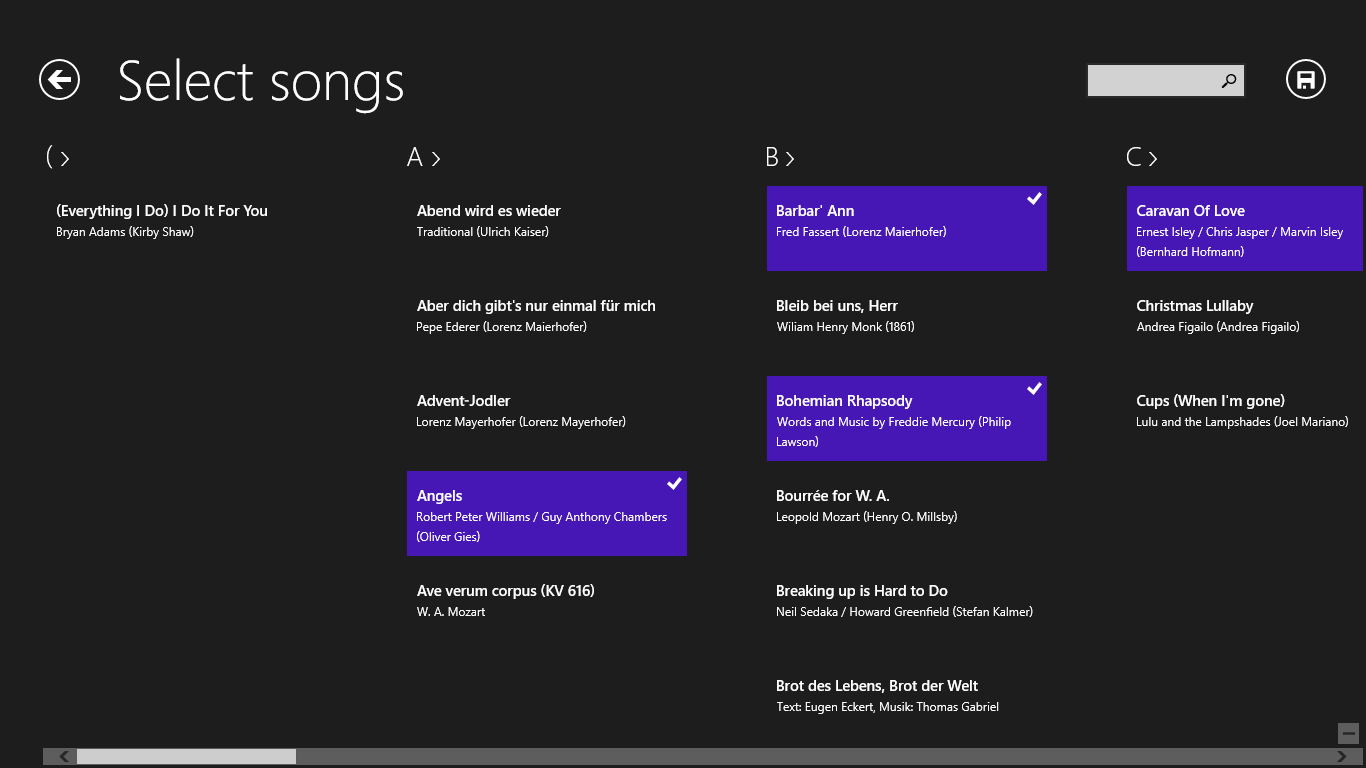 The selection page for songs to create a program list.