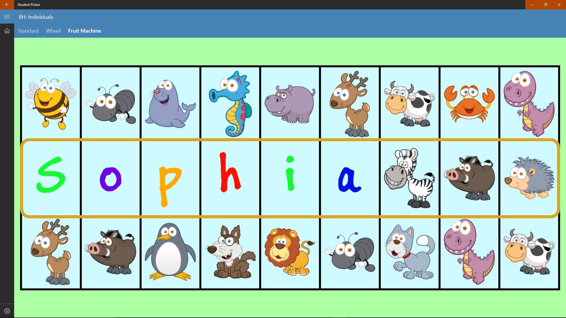 The fruit machine picker with animal graphics selected