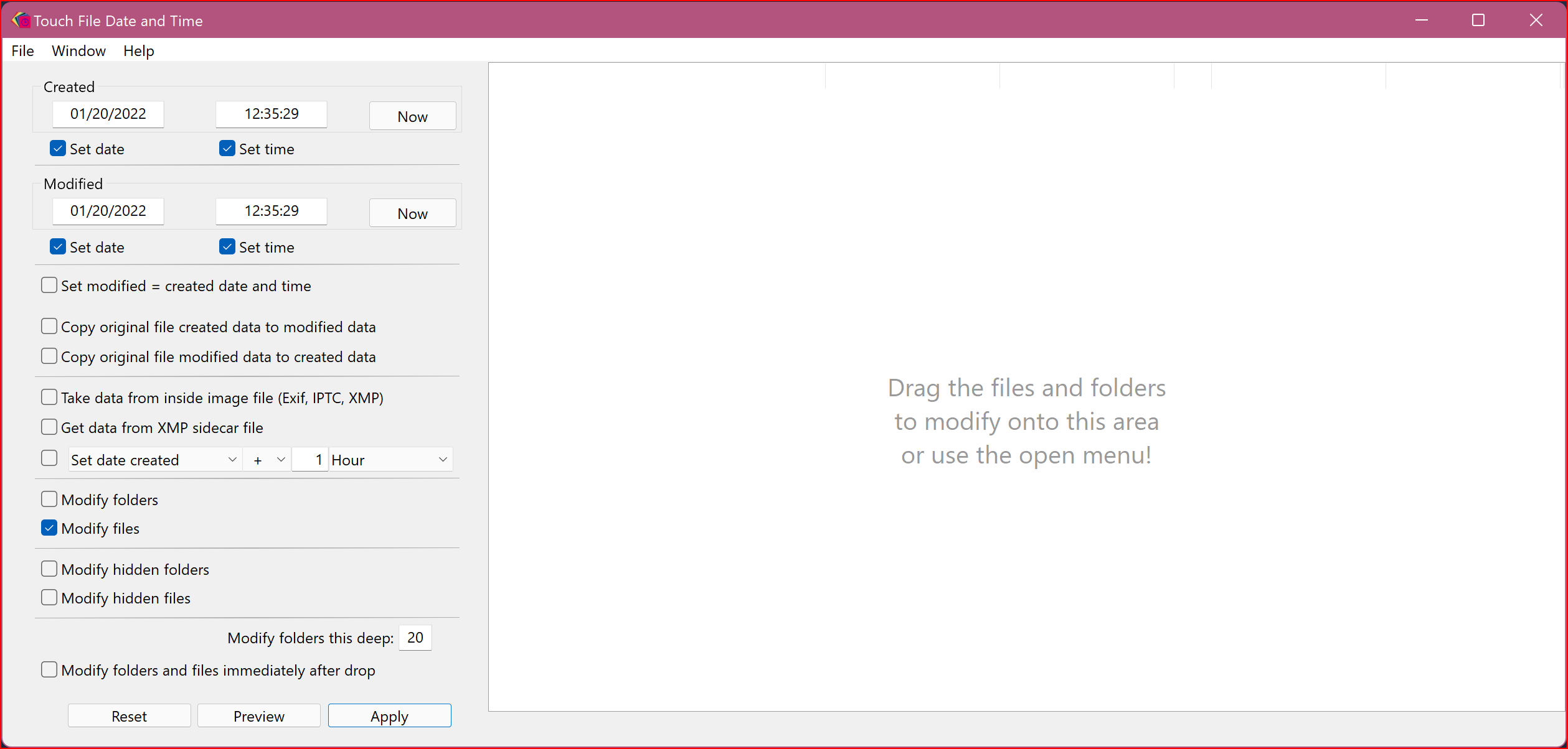 Settings (left) and files part (right) of the app's window
