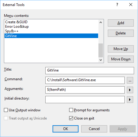 Integrate GitVine to Visual Studio via External Tools