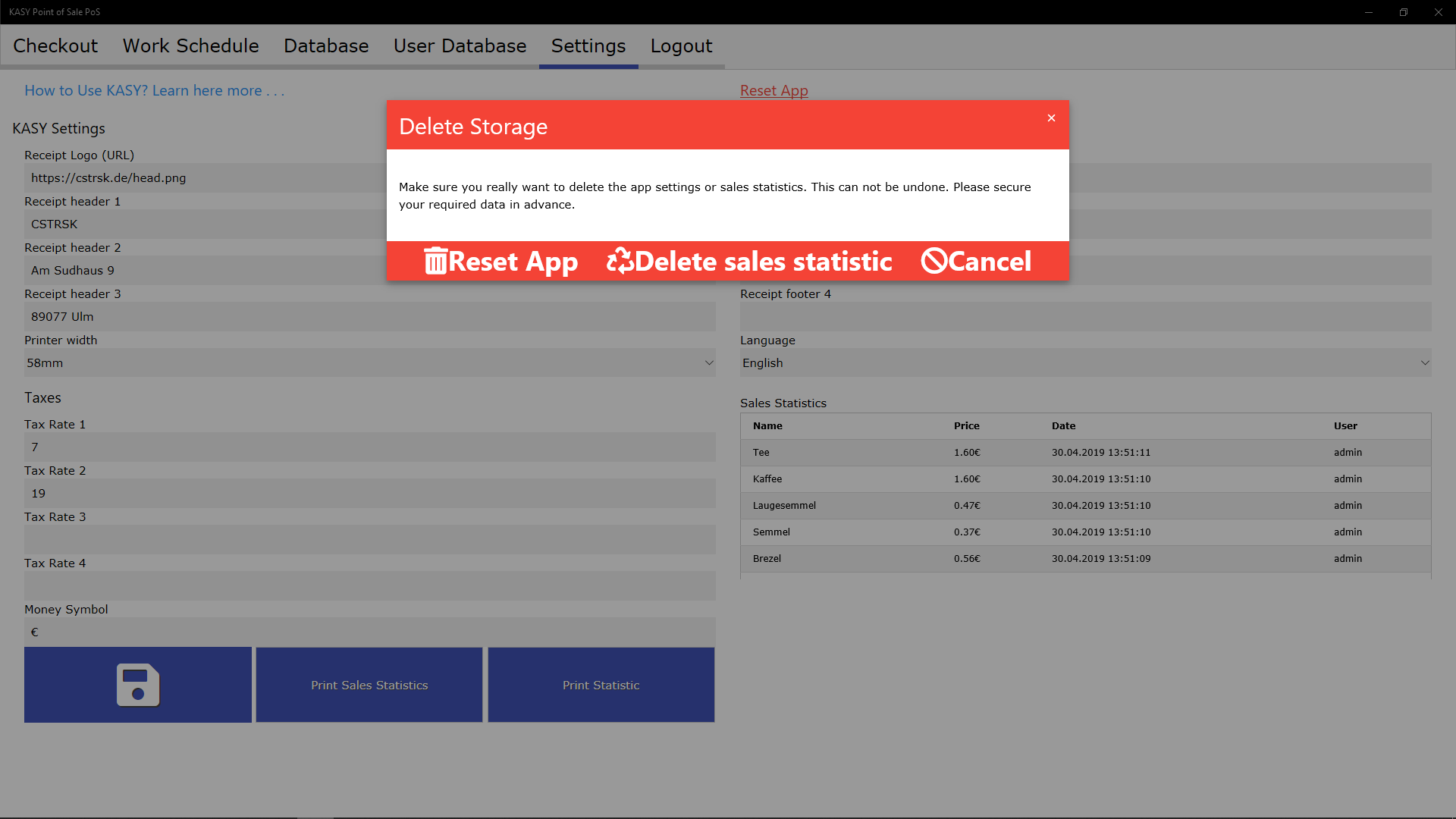 KASY Delete Storage with following options: Reset App, Delete Sale Statistic or Cancel.