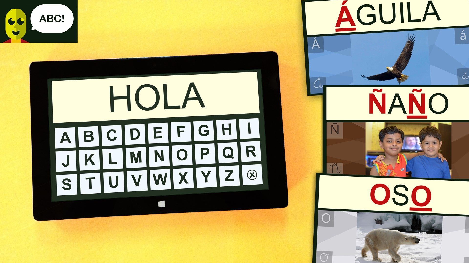 Abecedario vocal interactivo castellano con más de 250 palabras e imágenes para hacer divertido el aprendizaje de los sonidos y de las letras del alfabeto.