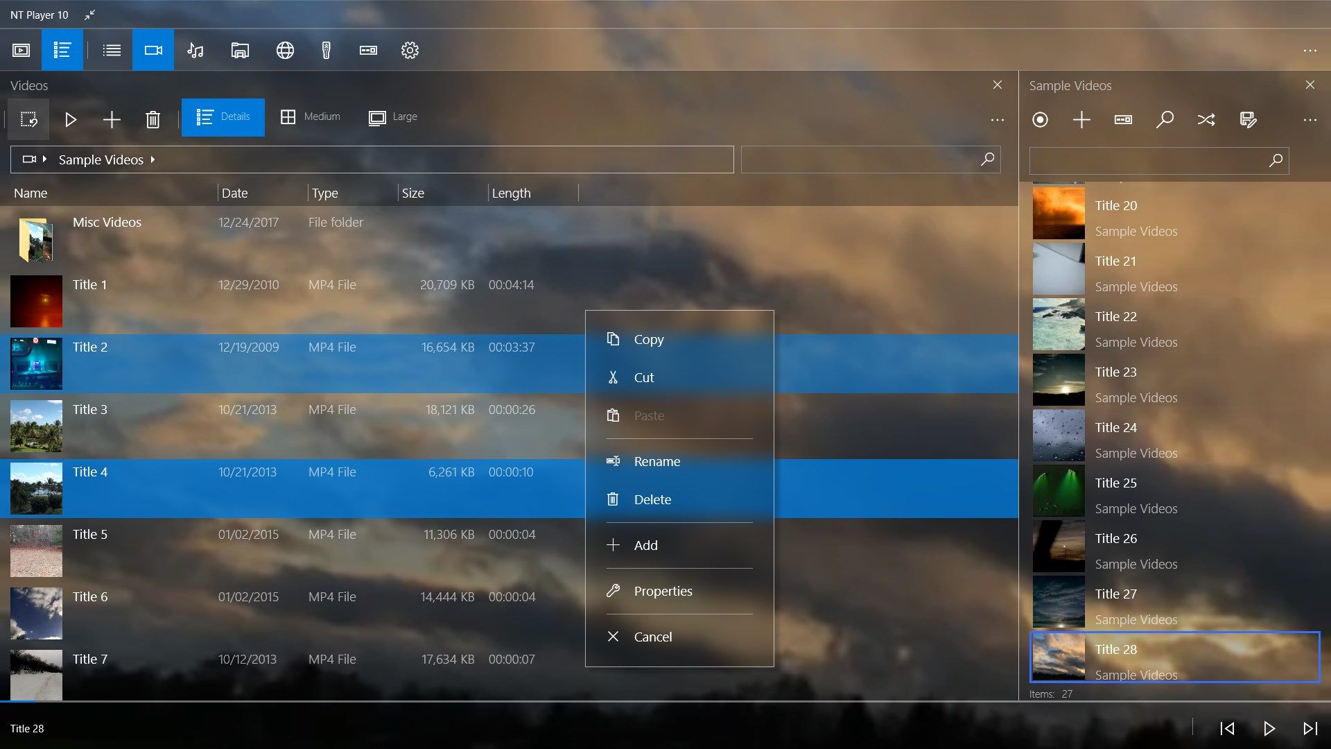 Video Library with selection context menu and Now Playing