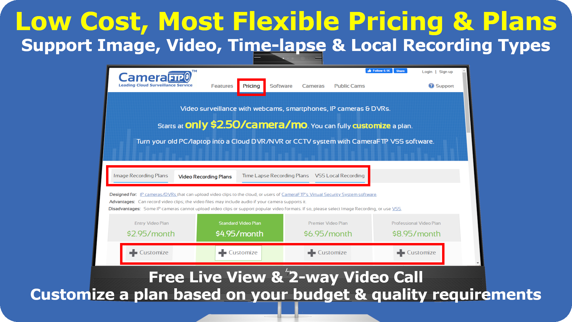 CameraFTP offers the most flexible service pricing and plans. It supports most cameras/NVRs; you can order 4 recording types; you can customize a plan based your budget and quality requirements.