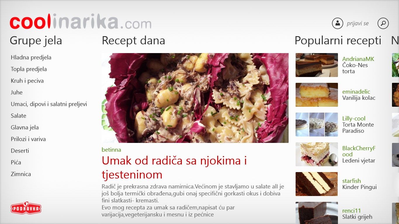 Početna stranica aplikacije Coolinarika.com koja svaki dan nudi recept dana, pretraživanje recepata po grupama jela, popularne te najnovije recepte.