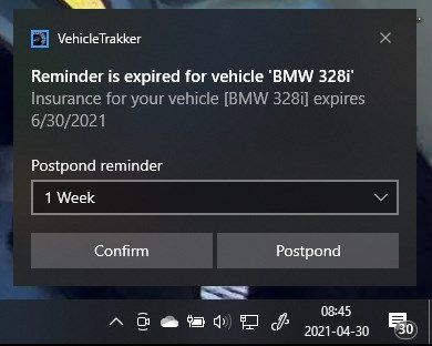Reminder notification integrated with windows
