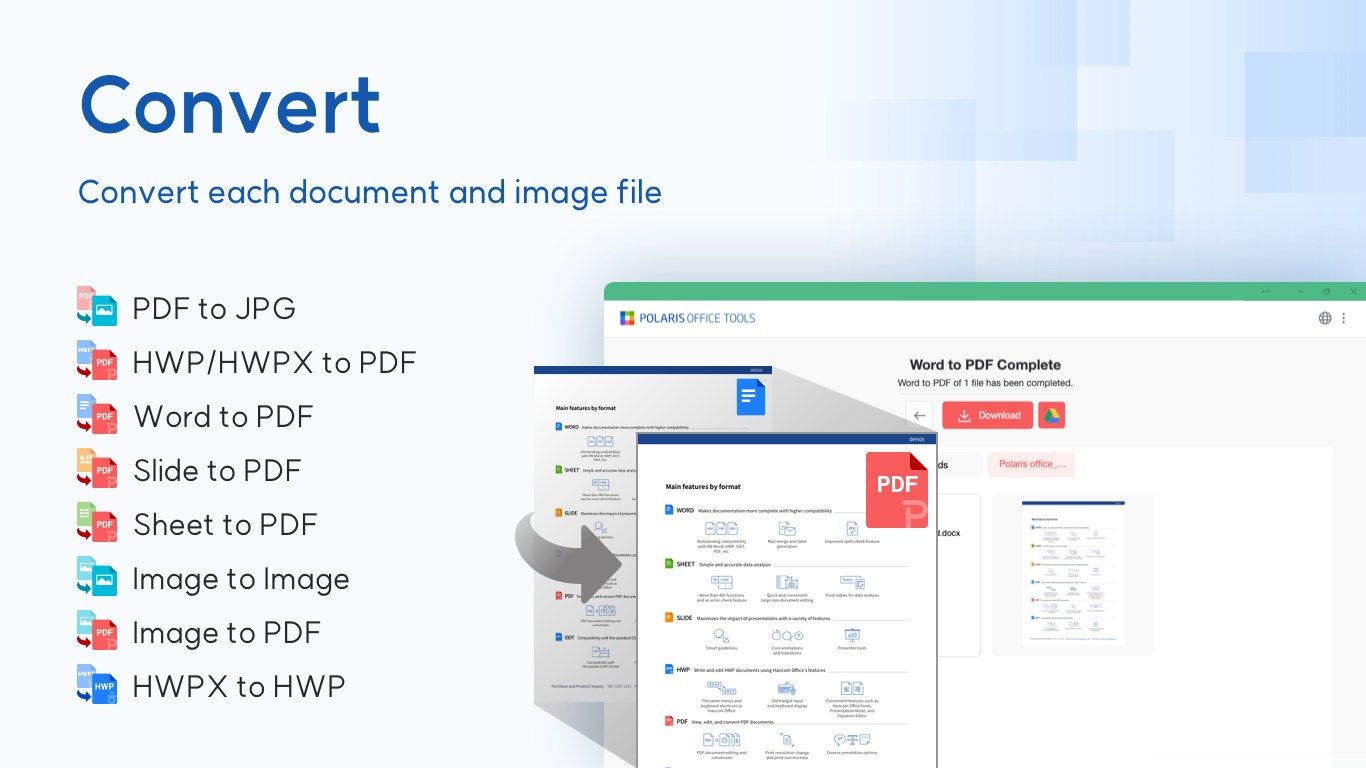 PDF, Document and image files will convert to the file type you choose.