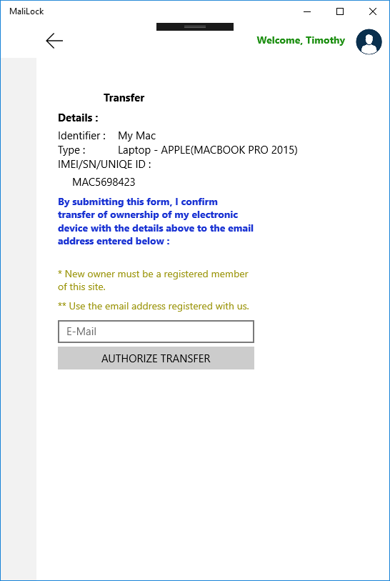Items can be transferred among registered users.