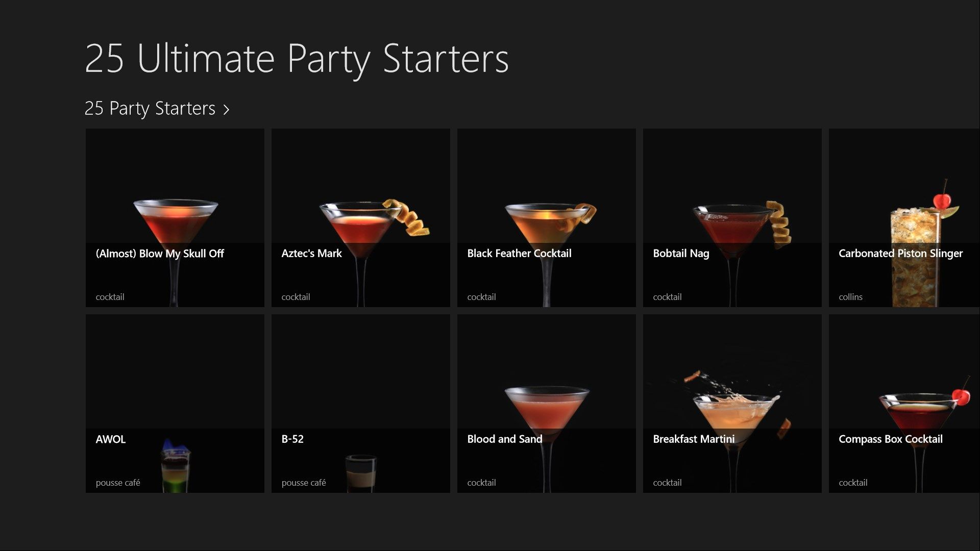 Select from cocktails at a glance