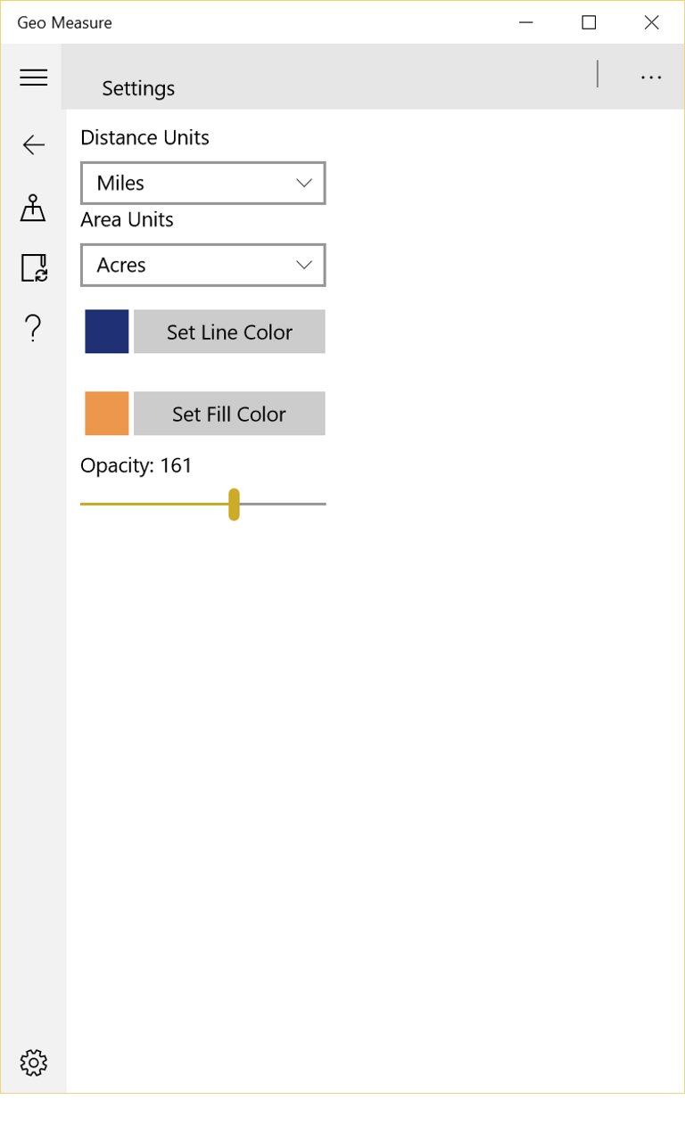 Settings Screen. Default Units and Color Configurations are available.