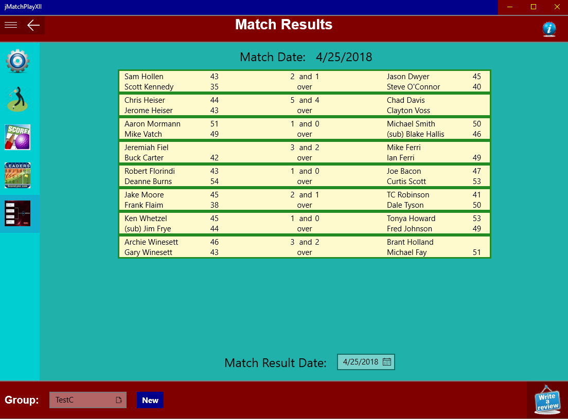 Match Play results page for team competitioin