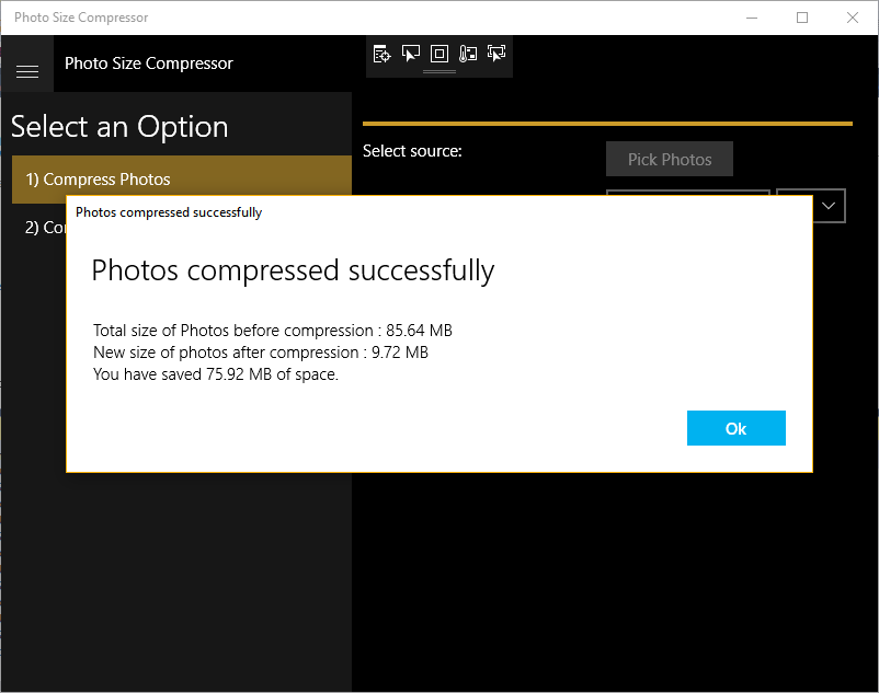Get detailed stats after the compression process completes. The stats include the total size of photos before compression, total size of photos after compression and the space that has been saved after compressing the photos.