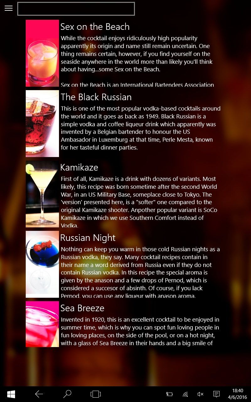 CocktailPedia showing a list of cocktails based on vodka