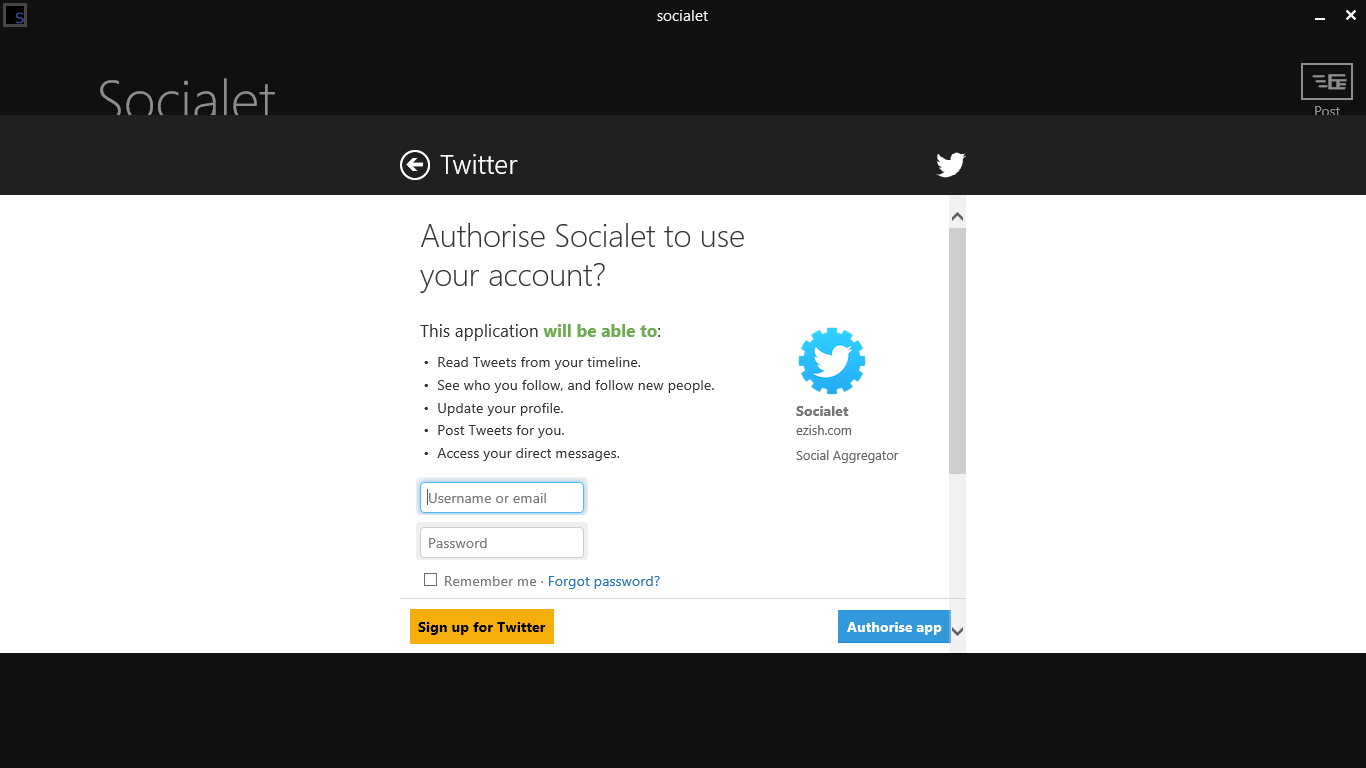 You will see this screen while authenticating facebook or twitter