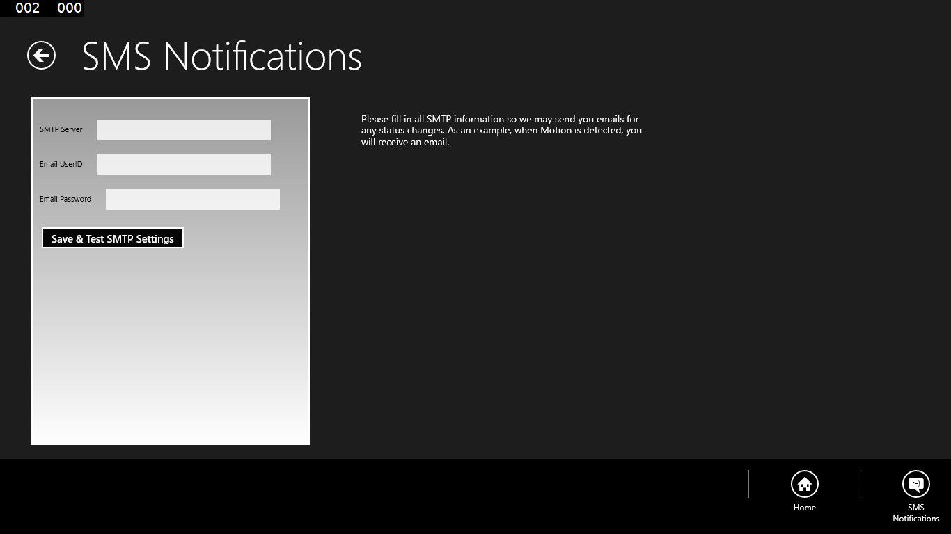 This screen allows you to set and test your email settings for Motion Detection Notifications.
