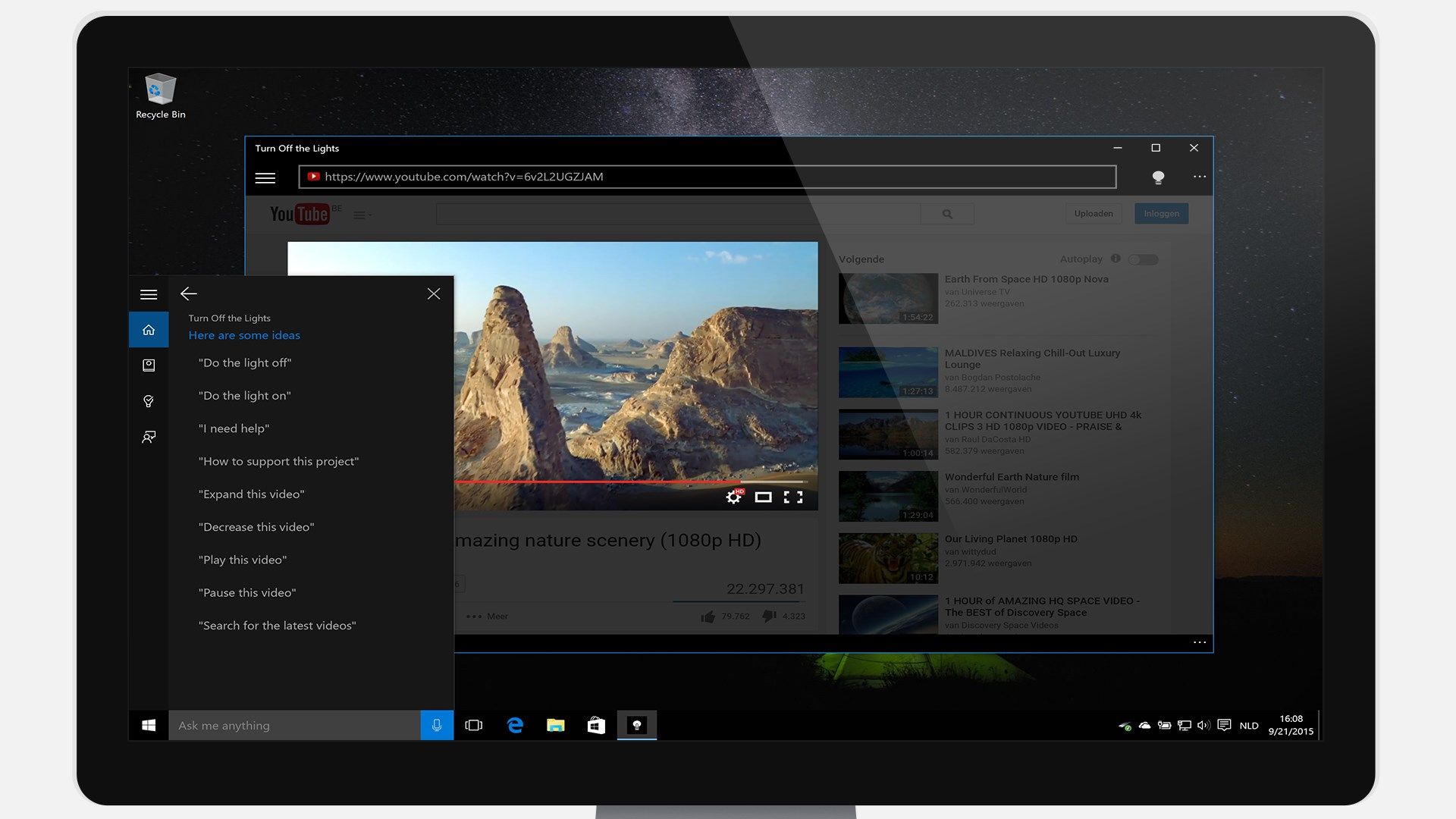 Turn Off the Lights with Cortana support - You can ask to dim the lights or play this YouTube video.