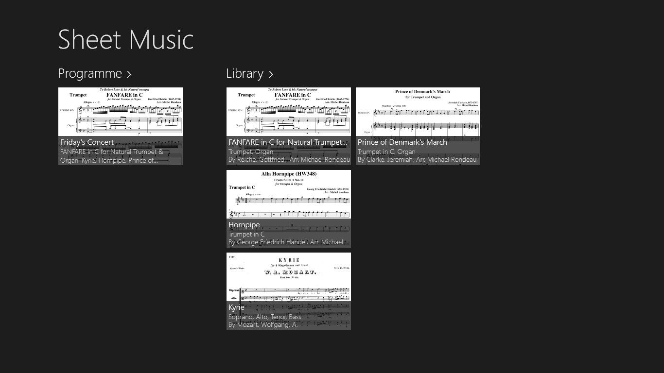 Sheet Music starts with your most recently accessed Programmes and Parts.  Parts are your sheet music images. Programmes are collections of parts displayed in order when you perform.
