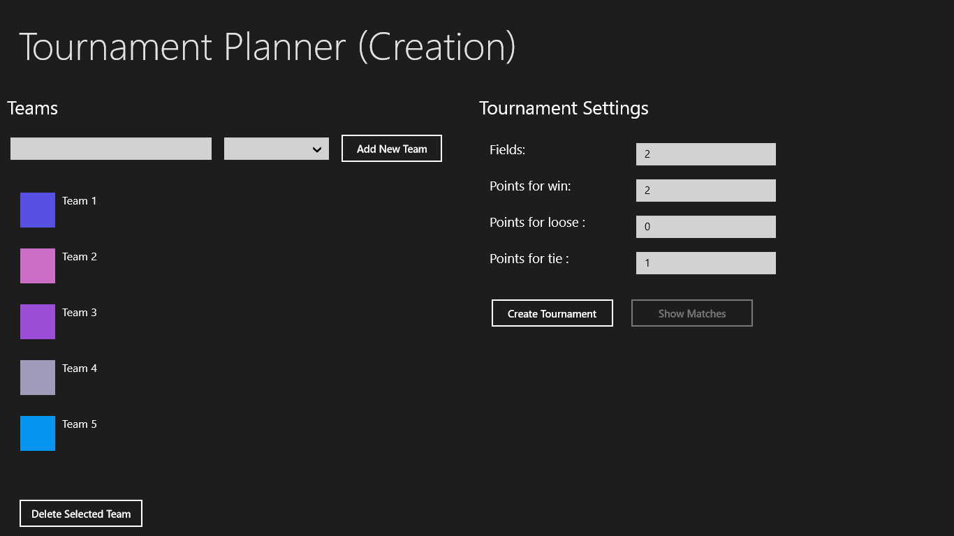 The creation view. Specify tournament settings and teams.
