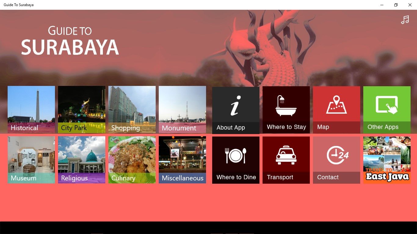 This application has many interesting places to visit in Surabaya, East Java. Complete with picture of beautiful places like city park, monument, museum, etc. This application also includes some other menus, ex. culinary, miscellaneous special Surabaya, tour, and another thing about Surabaya.