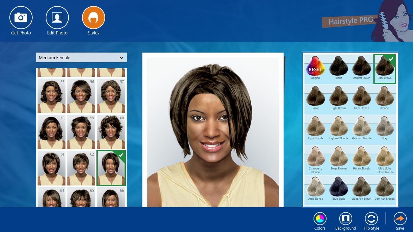 You can change the color of all hairstyles. Select a color among more than 50 natural hair colors.