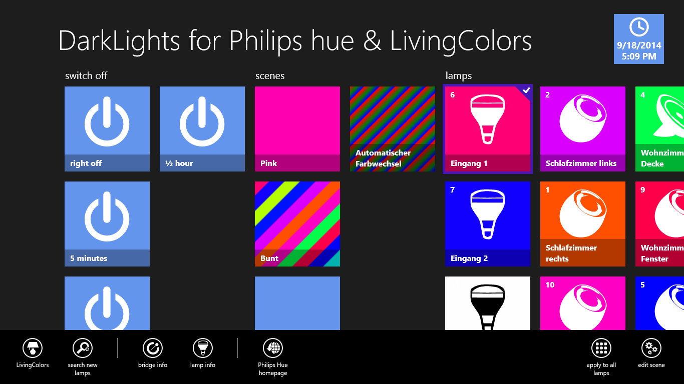 Detailed states of your Philips hue and LivingColors lamps. Switch off all lamps immediately or after a few minutes.