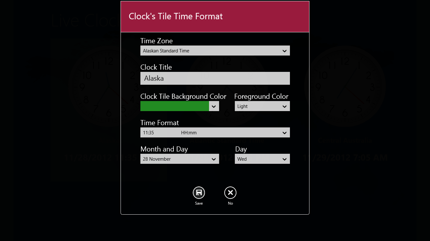 Customize Live Tiles by Time Zone, Background and Foreground Colors. Format the Time, Date and Weekday Name.