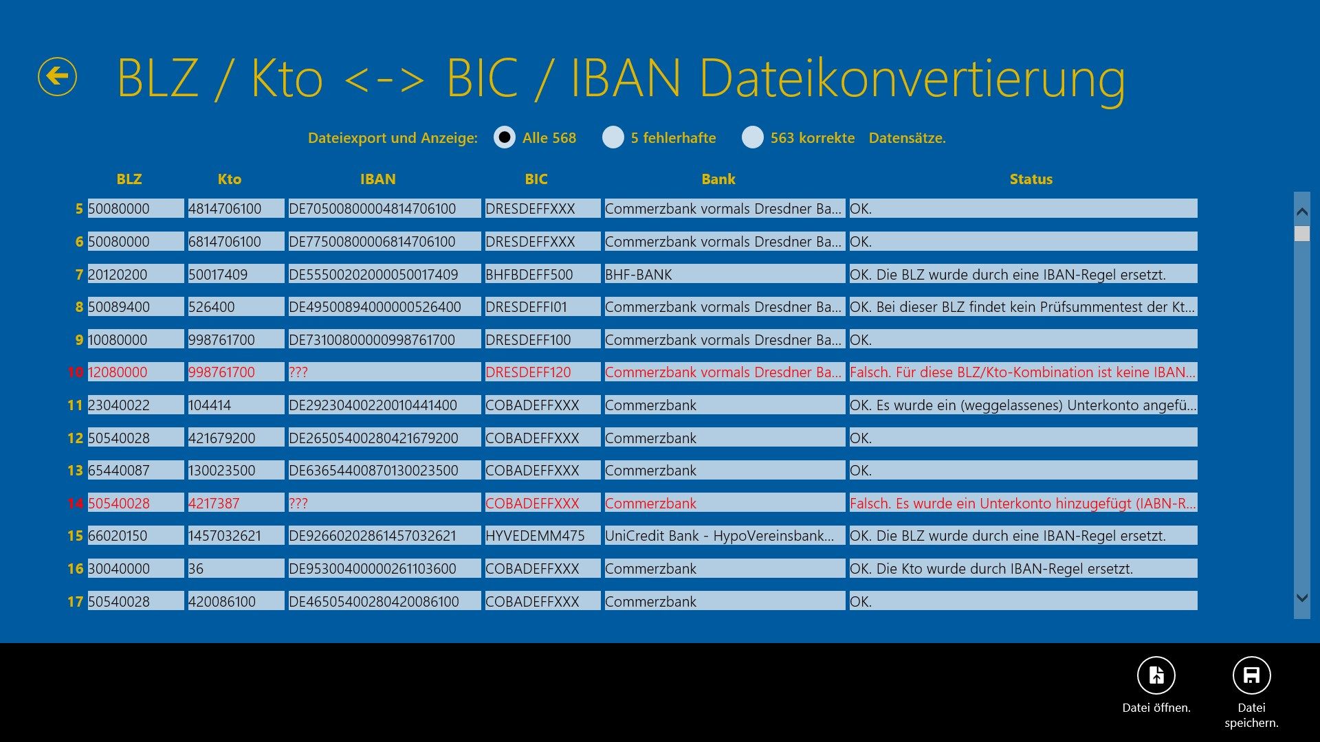 Bildschirmausgabe der Dateikonvertierung BLZ, Kto nach IBAN und BIC.