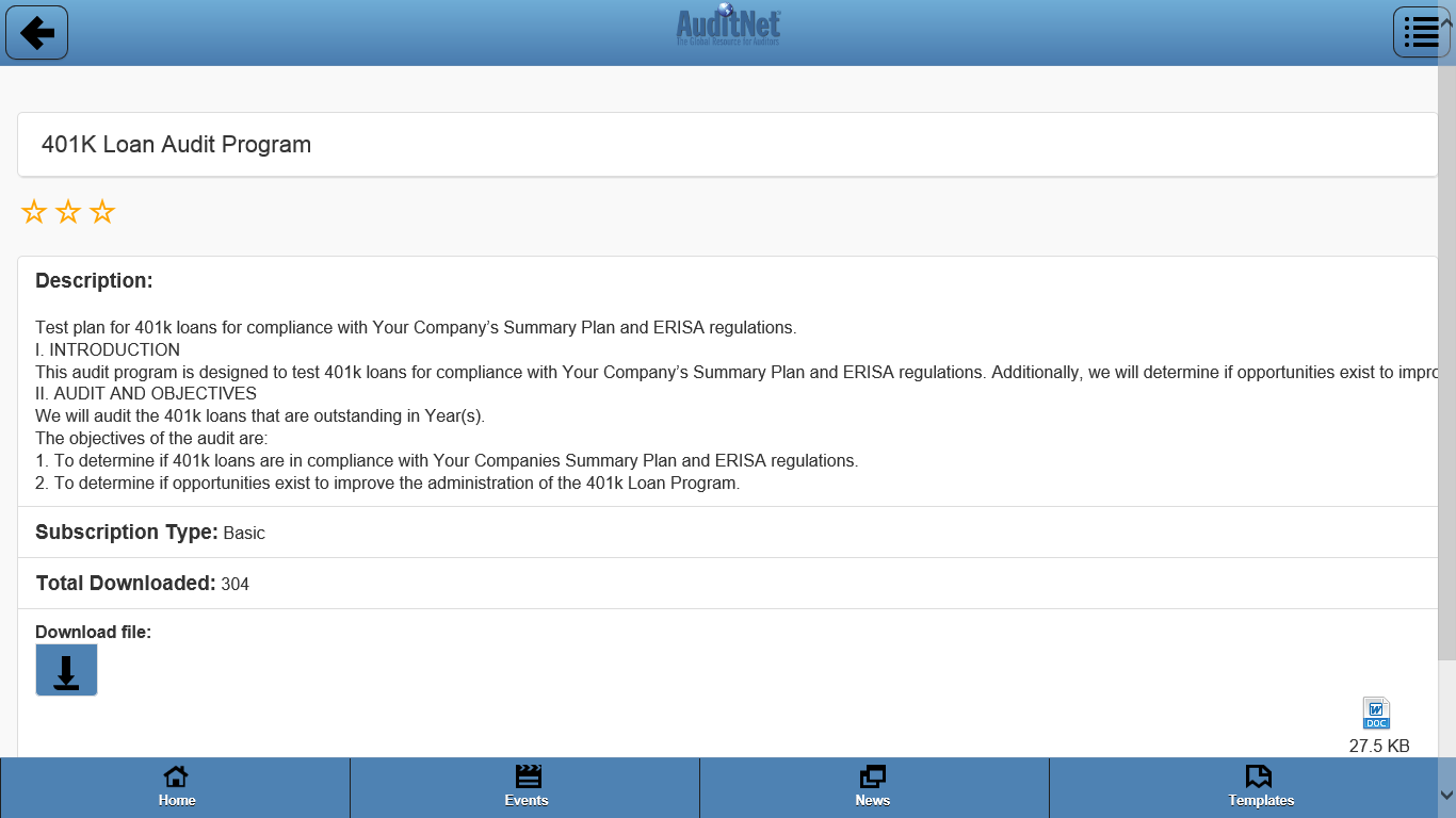 Displaying audit program detail page where subscribed users can able to download the audit template files.
