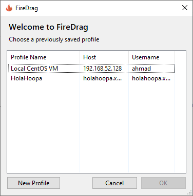 Startup window appears if profiles of connections were saved.