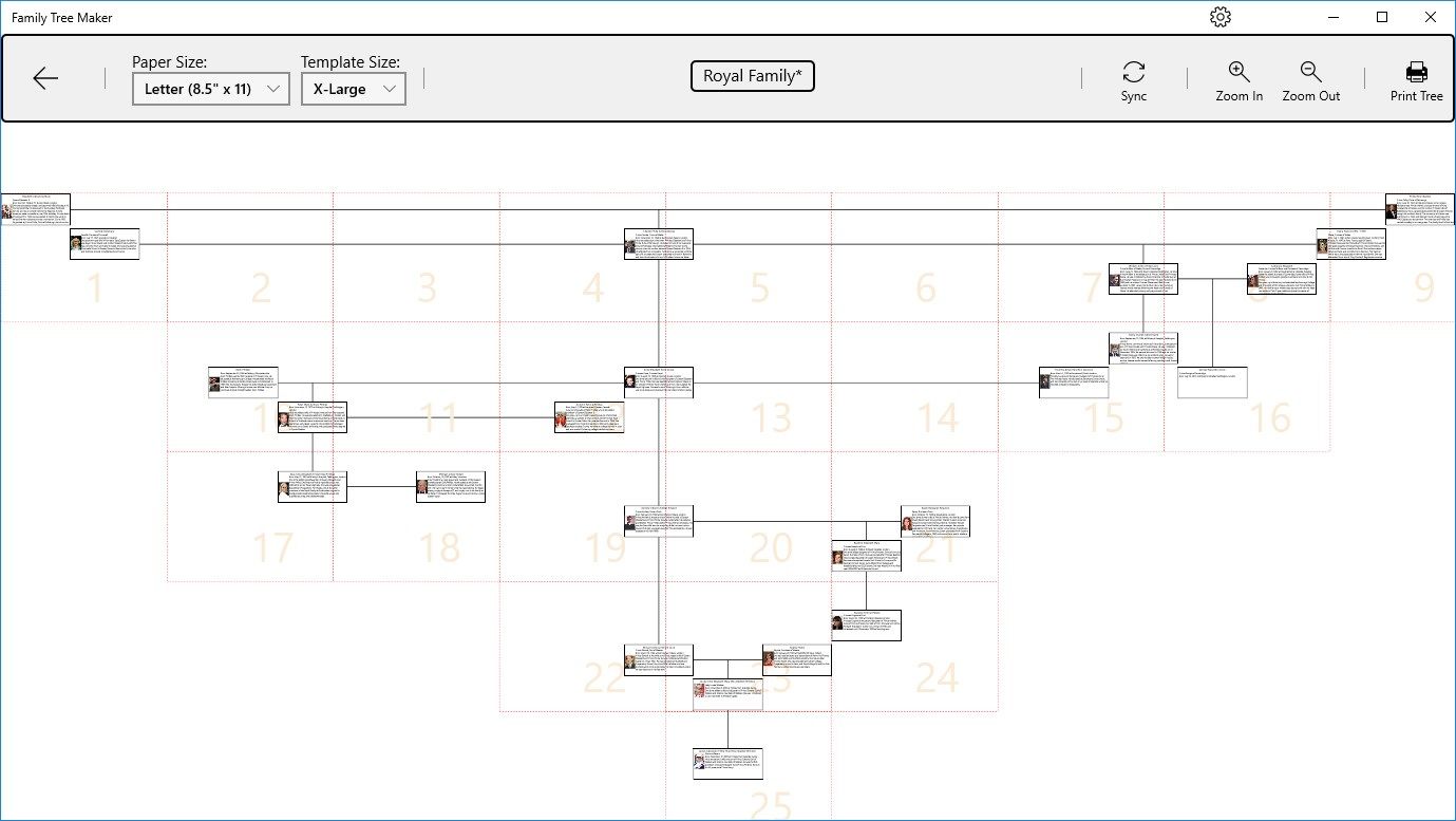 Family Tree Designer makes it possible to use widely available regular printers and paper sizes to print the whole tree out; final printout will consist of several pages user has to glue together.
