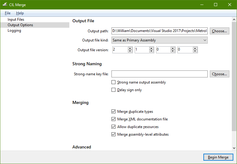 Configure options for the merging process.
