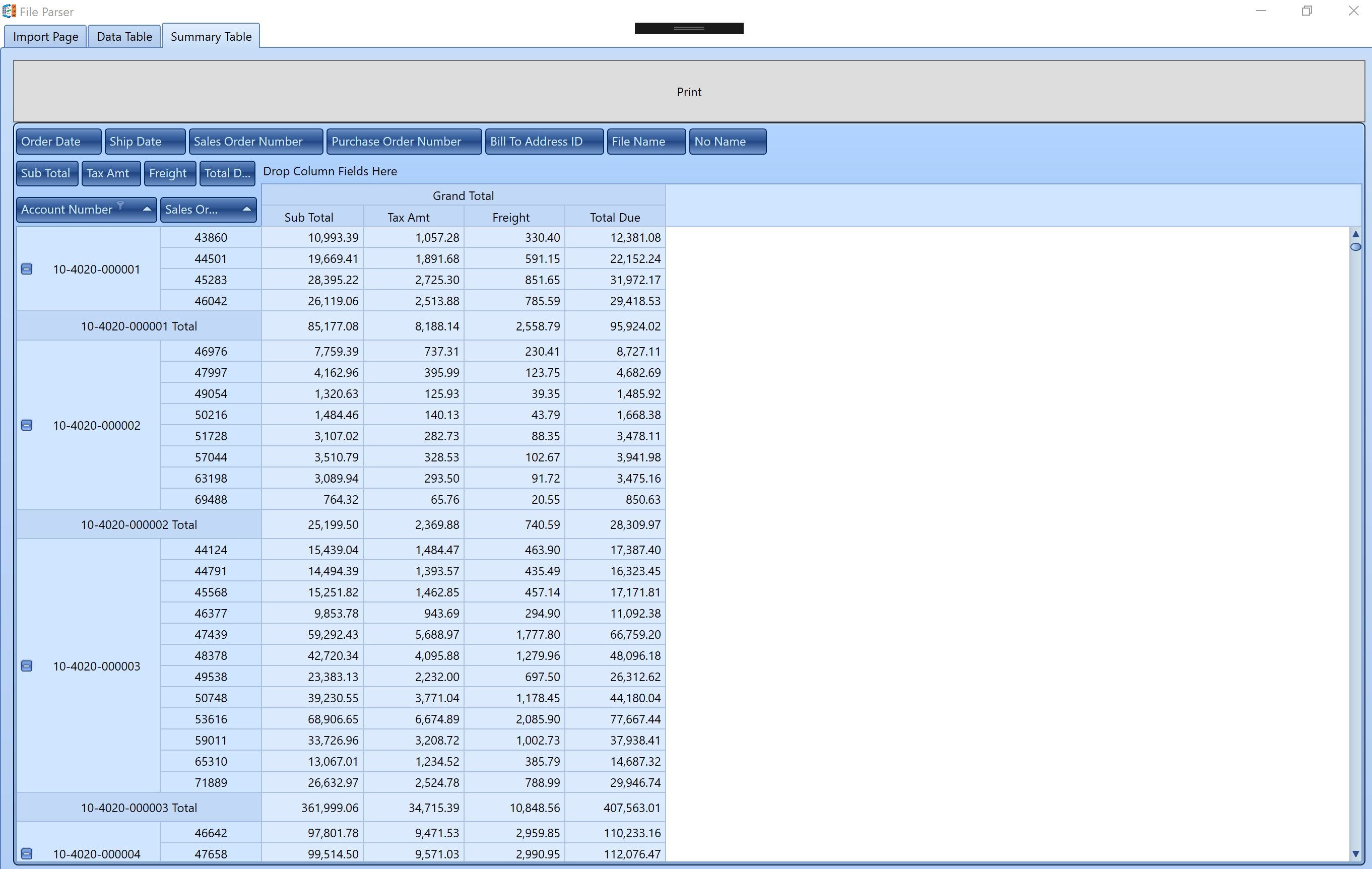 The pivot grid populates with the column headings. Drag and drop the columns to create summary reports.